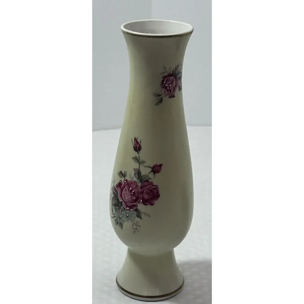Vtg Norleans Floral Vase w Some Moriage Japan ~ Roses‎ Buds Gold Accents 8”